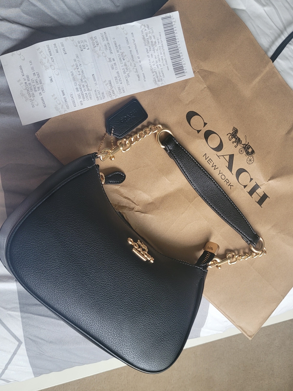 Coach Black Pebbled Leather Shoulder Bag with Gold Chain Accent (New)